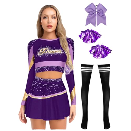 Sywiyi Damen Cheerleaderin Kostüm High School Uniform Outfit Tops Rock mit Pompoms Strümpfe Haarschmuck Fasching Halloweeen Kostüm Violett XXL von Sywiyi