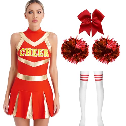 Sywiyi Damen Cheerleading Outfit Minikleid mit Overknee Strümpfe Pompoms Zubehör Schuluniform Komplett Cosplay Tanz Outfit A Rot mit Pompoms A S von Sywiyi