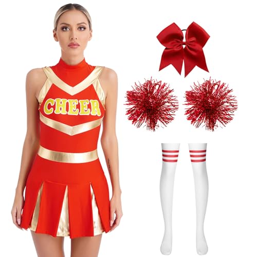 Sywiyi Damen Cheerleading Outfit Minikleid mit Overknee Strümpfe Pompoms Zubehör Schuluniform Komplett Cosplay Tanz Outfit A Rot mit Pompoms B L von Sywiyi