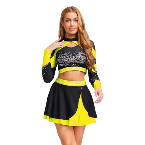 Sywiyi Damen Cheerleading Uniform Tanzkostüm Set Glitzer Crop Top Kurz Langarm Oberteil mit Faltenrock Skater Halloween Fasching Dance Outfit Fluoreszierendes Gelb XXL von Sywiyi