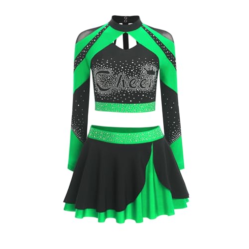 Sywiyi Damen Cheerleading Uniform Tanzkostüm Set Glitzer Crop Top Kurz Langarm Oberteil mit Faltenrock Skater Halloween Fasching Dance Outfit Grün XL Sywiyi Damen Cheerleading Uniform Tanzkostüm Set Glitzer Crop Top Kurz Langarm Oberteil mit Faltenrock Skater Halloween Fasching Dance Outfit Grün XL von Sywiyi