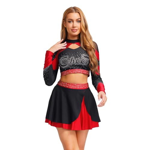 Sywiyi Damen Cheerleading Uniform Tanzkostüm Set Glitzer Crop Top Kurz Langarm Oberteil mit Faltenrock Skater Halloween Fasching Dance Outfit Rot XL von Sywiyi