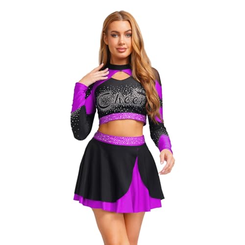 Sywiyi Damen Cheerleading Uniform Tanzkostüm Set Glitzer Crop Top Kurz Langarm Oberteil mit Faltenrock Skater Halloween Fasching Dance Outfit Violett S von Sywiyi