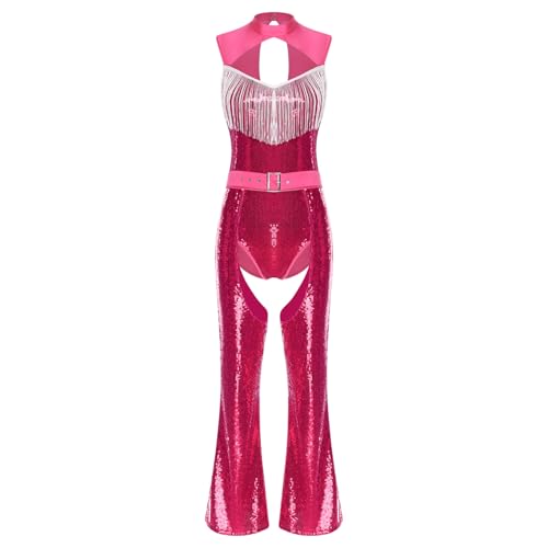 Sywiyi Damen Glitzer Bodysuit Ärmellos Body Overall mit Quasten Schlaghose Lang Chaps Hose Vintage Disco Kostüm Silvester Mottoparty Hot Pink S von Sywiyi