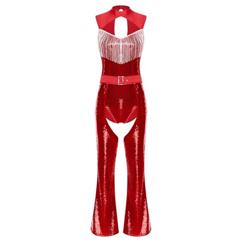 Sywiyi Damen Glitzer Bodysuit Ärmellos Body Overall mit Quasten Schlaghose Lang Chaps Hose Vintage Disco Kostüm Silvester Mottoparty Rot XXL Sywiyi Damen Glitzer Bodysuit Ärmellos Body Overall mit Quasten Schlaghose Lang Chaps Hose Vintage Disco Kostüm Silvester Mottoparty Rot XXL von Sywiyi