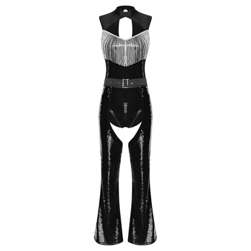 Sywiyi Damen Glitzer Bodysuit Ärmellos Body Overall mit Quasten Schlaghose Lang Chaps Hose Vintage Disco Kostüm Silvester Mottoparty Schwarz L von Sywiyi