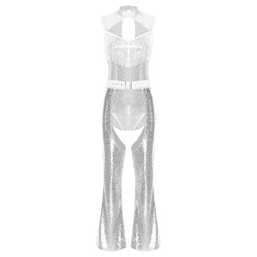 Sywiyi Damen Glitzer Bodysuit Ärmellos Body Overall mit Quasten Schlaghose Lang Chaps Hose Vintage Disco Kostüm Silvester Mottoparty Silber L von Sywiyi