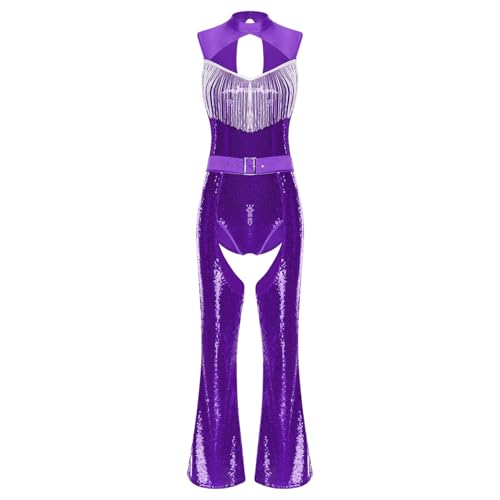 Sywiyi Damen Glitzer Bodysuit Ärmellos Body Overall mit Quasten Schlaghose Lang Chaps Hose Vintage Disco Kostüm Silvester Mottoparty Violett M von Sywiyi