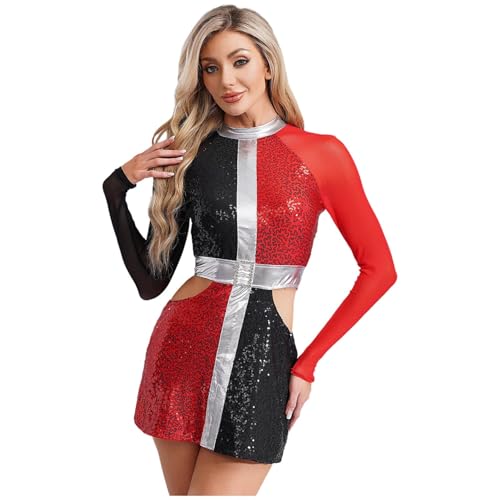 Sywiyi Damen Glitzer Disco Kleid Kostüm Langarm Bodycon Kleid Tanzkleid mit Cut Out Mottoparty Fasching Karneval Kostüm Rot 4XL Sywiyi Damen Glitzer Disco Kleid Kostüm Langarm Bodycon Kleid Tanzkleid mit Cut Out Mottoparty Fasching Karneval Kostüm Rot 4XL von Sywiyi