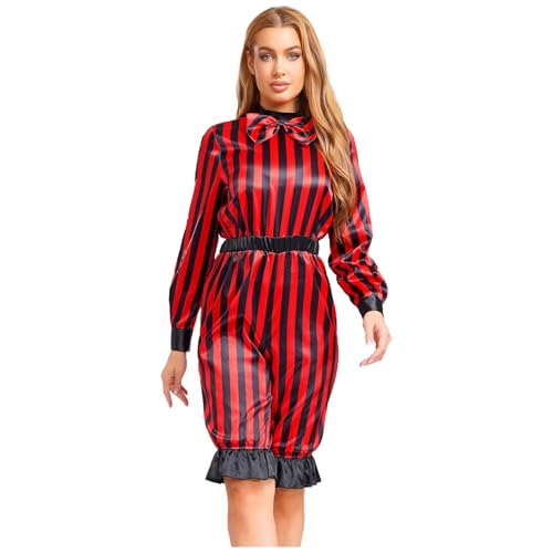 Sywiyi Damen Halloween Clown Kostüm Mime Pantomime Kostüm Einteiler Overall Gestreift Romper Cosplay Outfit für Fasching Karneval Rot&Schwarz XXL Sywiyi Damen Halloween Clown Kostüm Mime Pantomime Kostüm Einteiler Overall Gestreift Romper Cosplay Outfit für Fasching Karneval Rot&Schwarz XXL von Sywiyi