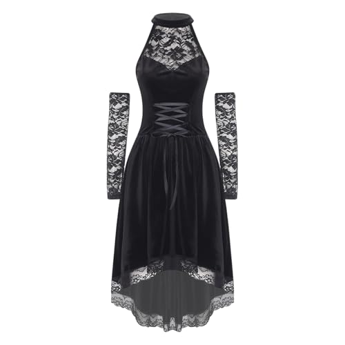 Sywiyi Damen Halloween Hexe Vampir Kostüm Neckholder Kleid Ärmellos Vokuhila Kleider mit Armstulpen Fasching Karneval Rollenspiel Kostüm Schwarz S von Sywiyi