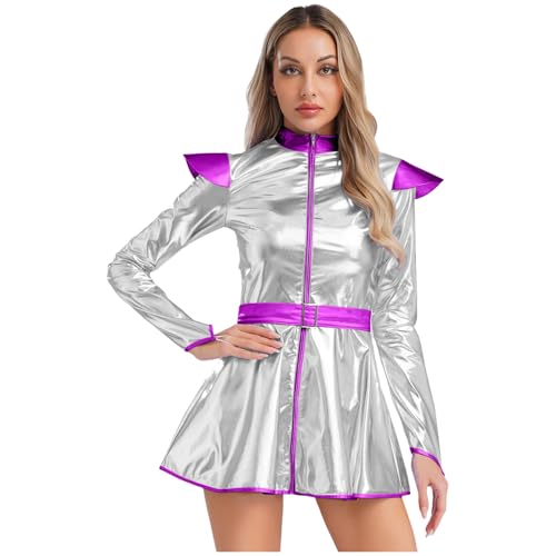 Sywiyi Damen Halloween Kostüm Alien Außerirdischer Kostüm Langarm Kleider Glänzend Partykleid mit Gürtel Fasching Mottoparty Cosplay Outfit Silber S von Sywiyi
