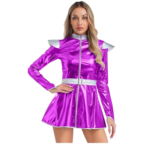 Sywiyi Damen Halloween Kostüm Alien Außerirdischer Kostüm Langarm Kleider Glänzend Partykleid mit Gürtel Fasching Mottoparty Cosplay Outfit Violett XXL von Sywiyi