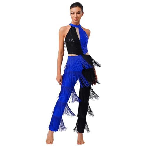 Sywiyi Damen Hippe Kostüm Glitzer Jumpsuit Einteiler Tanzanzug Ärmellos Overall mit Quasten Fransen Mottoparty Disco Outfit Königsblau L von Sywiyi