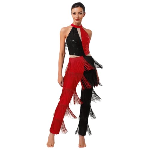 Sywiyi Damen Hippe Kostüm Glitzer Jumpsuit Einteiler Tanzanzug Ärmellos Overall mit Quasten Fransen Mottoparty Disco Outfit Rot XXL Sywiyi Damen Hippe Kostüm Glitzer Jumpsuit Einteiler Tanzanzug Ärmellos Overall mit Quasten Fransen Mottoparty Disco Outfit Rot XXL von Sywiyi
