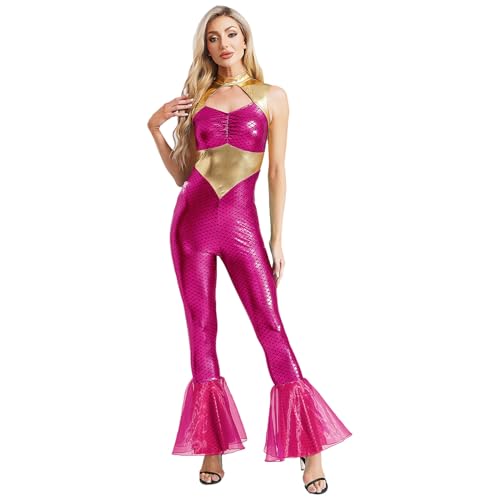 Sywiyi Damen Meerjungfrau Kostüm Ärmellos Jumpsuit Overall Fischschuppen Muster Body Glänzend Metallisch Faschingkostüme Cosplay Outfit Hot Pink XXL von Sywiyi