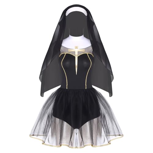 Sywiyi Damen Nonne Kostüm Geistliche Kirchen Kostüm Minikleid Kurz Tutu Kleid mit Kopfbedeckung Rollenspiel Outfit für Mottoparty Schwarz S von Sywiyi