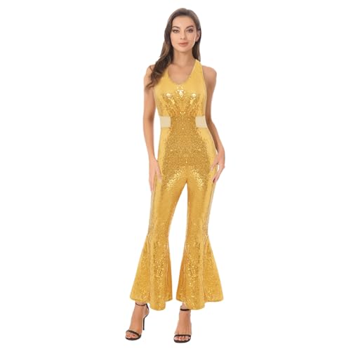 Sywiyi Damen Vintage Disco Kostüm 70er 80er Jahre Hippe Mottoparty Kostüm Ärmellos Overall Jumpsuit Schlaghose Hosenazug Gold XL von Sywiyi