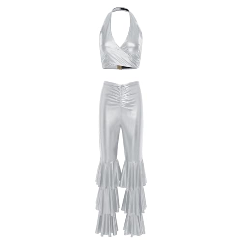 Sywiyi Damen Vintage Disco Kostüm Glänzend Oberteil Neckholder Tops Rückenfrei mit Flared Hose Pants Mottoparty Rave Nachtclub Kleidung Silber XL Sywiyi Damen Vintage Disco Kostüm Glänzend Oberteil Neckholder Tops Rückenfrei mit Flared Hose Pants Mottoparty Rave Nachtclub Kleidung Silber XL von Sywiyi