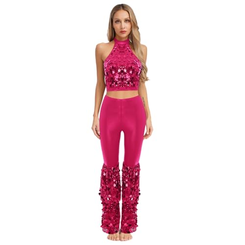 Sywiyi Damen Vintage Disco Outfit Glitzer Pailletten Kostüm Set Tank Top Bauchfrei Schlaghose Lang Pants Halloween Mottoparty Fasching Kostüm Hot Pink XXL von Sywiyi