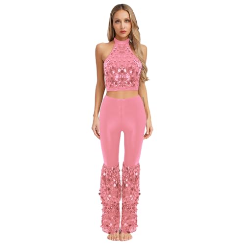 Sywiyi Damen Vintage Disco Outfit Glitzer Pailletten Kostüm Set Tank Top Bauchfrei Schlaghose Lang Pants Halloween Mottoparty Fasching Kostüm Rosa L von Sywiyi