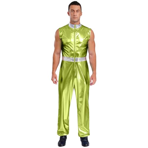 Sywiyi Herren Astronauten Kostüm Weltraum Raumfahrer Anzug Glänzend Jumpsuit Ärmellos Overall Uniform Rollenspiel Fasching Karneval Kostüm Fluoreszierendes Grün XXL von Sywiyi