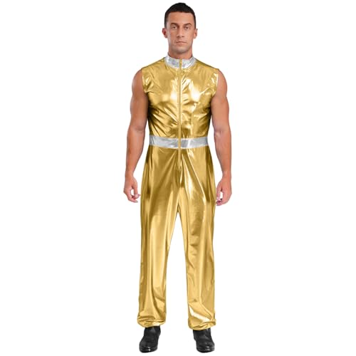 Sywiyi Herren Astronauten Kostüm Weltraum Raumfahrer Anzug Glänzend Jumpsuit Ärmellos Overall Uniform Rollenspiel Fasching Karneval Kostüm Gold XXL von Sywiyi