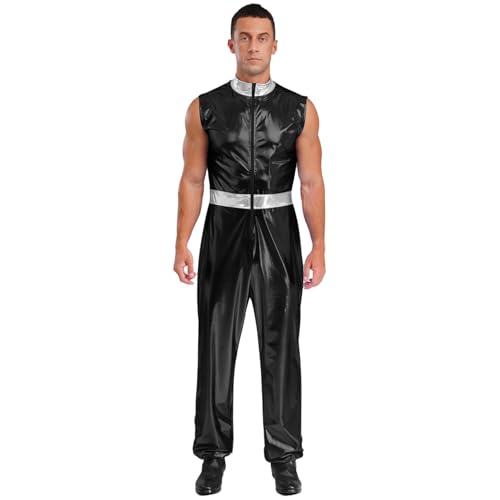 Sywiyi Herren Astronauten Kostüm Weltraum Raumfahrer Anzug Glänzend Jumpsuit Ärmellos Overall Uniform Rollenspiel Fasching Karneval Kostüm Schwarz S von Sywiyi