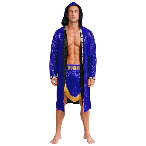 Sywiyi Herren Boxer Kostüm Kickboxer Trainingsanzug Pailletten Boxermantel Robe mit Kapuze Sport Shorts Mottoparty Karneval Kostüm Blau L Sywiyi Herren Boxer Kostüm Kickboxer Trainingsanzug Pailletten Boxermantel Robe mit Kapuze Sport Shorts Mottoparty Karneval Kostüm Blau L von Sywiyi
