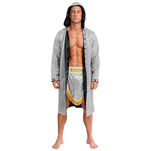 Sywiyi Herren Boxer Kostüm Kickboxer Trainingsanzug Pailletten Boxermantel Robe mit Kapuze Sport Shorts Mottoparty Karneval Kostüm Silber XXL Sywiyi Herren Boxer Kostüm Kickboxer Trainingsanzug Pailletten Boxermantel Robe mit Kapuze Sport Shorts Mottoparty Karneval Kostüm Silber XXL von Sywiyi
