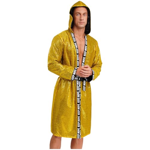 Sywiyi Herren Boxing Kleidung Pailletten Kimono Robe Boxer Mantel mit Kapuze Glitzernde Kickboxer Kampfsport Kostüm Gold 3XL von Sywiyi