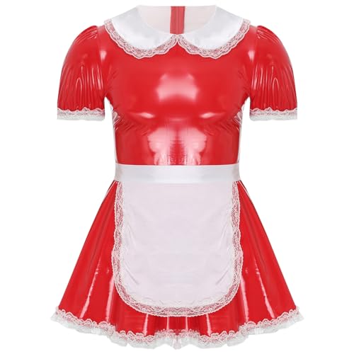 Sywiyi Herren Dienstmädchen Kostüm Sexy Sissy Dessous Lackleder Minikleid Kurzarm Maid Uniform Cosplay Outfit Crossdressing Nachtwäsche A Rot 3XL von Sywiyi