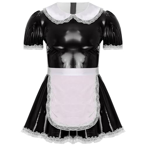 Sywiyi Herren Dienstmädchen Kostüm Sexy Sissy Dessous Lackleder Minikleid Kurzarm Maid Uniform Cosplay Outfit Crossdressing Nachtwäsche A Schwarz 3XL von Sywiyi