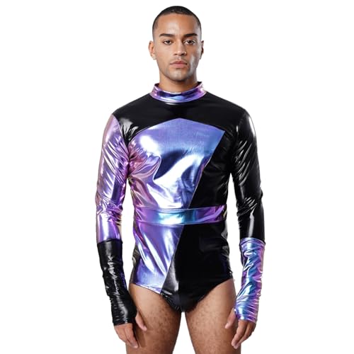 Sywiyi Herren Glänzend Disco Kostüm Farbblock Bodysuit Langarm Body mit Handschuhe Mottoparty Fasching Halloween Kostüm Blau XL von Sywiyi