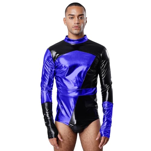 Sywiyi Herren Glänzend Disco Kostüm Farbblock Bodysuit Langarm Body mit Handschuhe Mottoparty Fasching Halloween Kostüm Königsblau XL von Sywiyi
