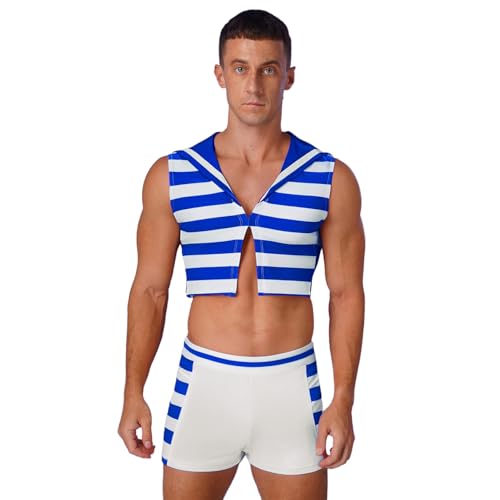 Sywiyi Herren Seemann Kostüm Karneval Fasching Uniform Cosplay Outfit Set Gestreift Tank Top mit Shorts Kurze Hose Blau XXL von Sywiyi