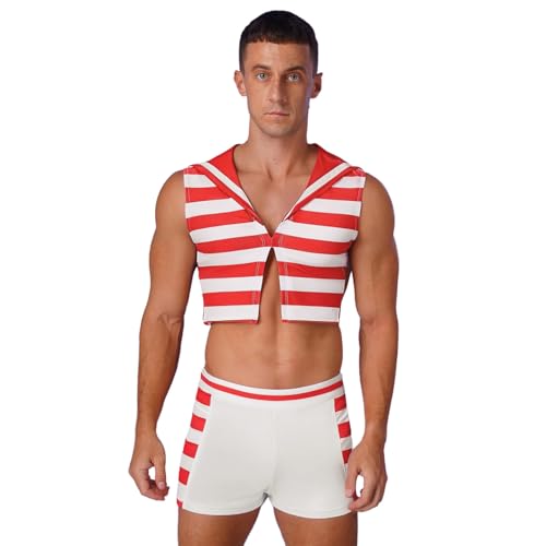 Sywiyi Herren Seemann Kostüm Karneval Fasching Uniform Cosplay Outfit Set Gestreift Tank Top mit Shorts Kurze Hose Rot XXL von Sywiyi