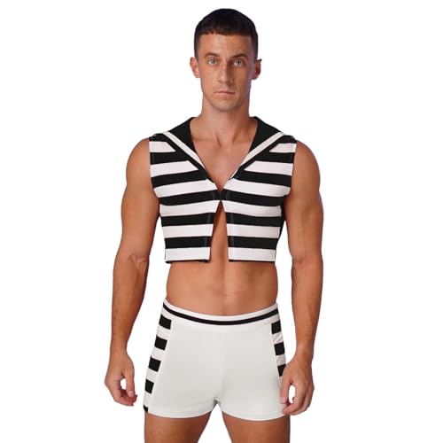 Sywiyi Herren Seemann Kostüm Karneval Fasching Uniform Cosplay Outfit Set Gestreift Tank Top mit Shorts Kurze Hose Schwarz XXL von Sywiyi