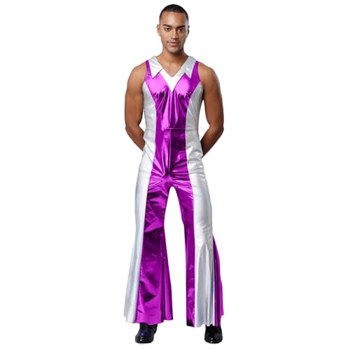 Sywiyi Herren Vintage Hippe Kostüm Glänzend Jumpsuit Ärmellos Farbblock Overall Schlaghose Disco Tanz Outift Halloween Karneval Kleidung Violett XL von Sywiyi