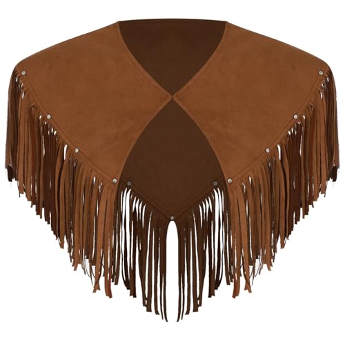 Sywiyi Herren Western Cowboy Umhang Poncho Überwurf Wildleder Oberteil mit Quasten Fransen Hippen Outfit Vintage Mottoparty Halloween Kostüm Dunkelbraun XXL von Sywiyi