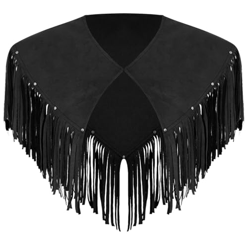 Sywiyi Herren Western Cowboy Umhang Poncho Überwurf Wildleder Oberteil mit Quasten Fransen Hippen Outfit Vintage Mottoparty Halloween Kostüm Schwarz M von Sywiyi