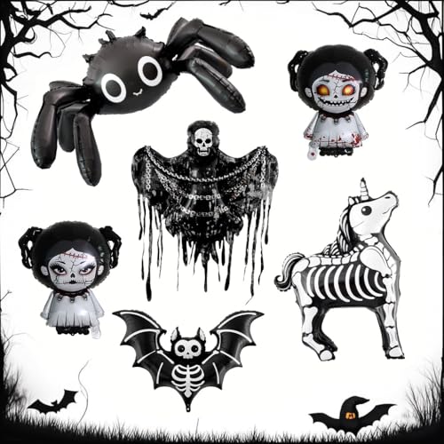 6 Stück Halloween Folienballons - Spinne, Totenkopf & Fledermaus Formen, festliche Dekoration für Halloween-Party, Zuhause & Spukhaus von Syzplnwy