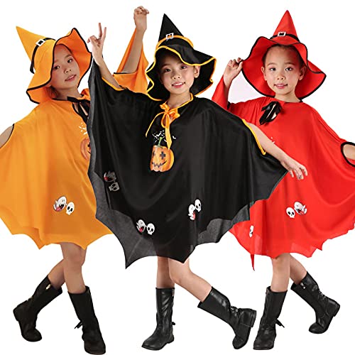 Syzplnwy Kinder Halloween Kostüm 3 in 1 Set - Hexenumhang & Hut in Schwarz, Rot, Orange | Kürbisumhang für Rollenspiele, Süßes oder Saures Outfit (3 komplette Kostüme) von Syzplnwy