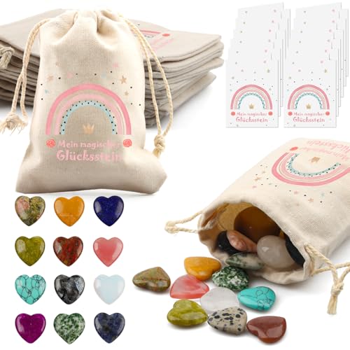 12er Glückssteine für Kinder, Kindergeburtstag Mitgebsel mit Edelsteine Jutesäckchen und Magische Steine Kärtchen, Give Away für Taufe Kommunion Hochzeit oder Wichtelgeschenk, Glücksbringer Kinder (A) von Szhhrxi
