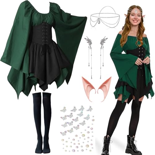Mittelalter Kostüm Damen, Elfenkostüm Damen mit Trompetenärmel, Renaissance Mittelalter Kleidung Damen, Traditionelles Irisches Kleid Gothic Vintage-Kleid Viktorianisches Cosplay Kostüm (XXL) von SzonMcnl