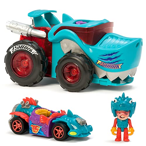 T-Racers Mega Wheels T-Shark - Fahrzeug-Launcher mit 1 exklusiven Fahrer und 1 exklusiven Fahrzeug Kompatibel mit Anderen T-Racer-Autos von T-Racers