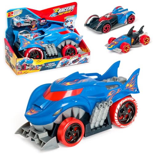 T-Racers Mix 'N Race Squad Launcher Shark – Hai-Truck, der Sich in einen Launcher verwandelt. Enthält 2 Exklusive Fahrzeuge, Startzone und Transportbereich für 2 Fahrzeuge von T-Racers