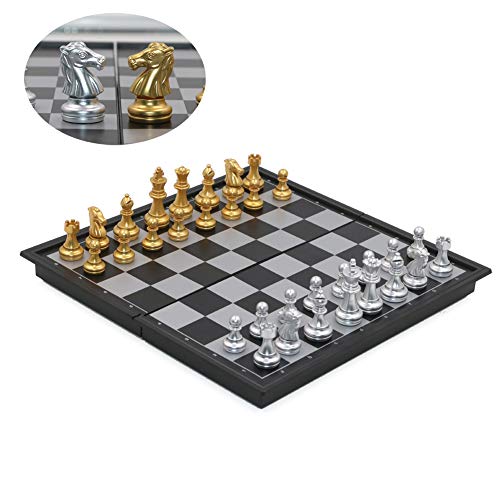 T Tocas Schachspiel Magnetischem Einklappbar Schachbrett Schach für Kinder, Anfänger und Erwachsene, Reise Schach-Brettspiel und Wasserdichtes Schachbrett, 2 Spieler (Gold und Silber- 25 * 25cm) von T Tocas