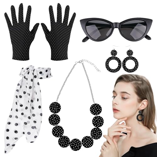 TABSIRAH 50er-Jahre-Kostüm, gepunktet, Handschuhe, Halskette, Stirnband, Dekoration, Disco-Kostüm, Party-Outfits für Mädchen TABSIRAH 50er-Jahre-Kostüm, gepunktet, Handschuhe, Halskette, Stirnband, Dekoration, Disco-Kostüm, Party-Outfits für Mädchen von TABSIRAH