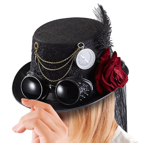 TABSIRAH Steampunk-Hut im Gothic-Stil | Top-Hüte für Frauen – mit Rose, abnehmbare Brille, Kette, Kopfbedeckung für Cosplay, Herren, Maskerade, Halloween-Party von TABSIRAH